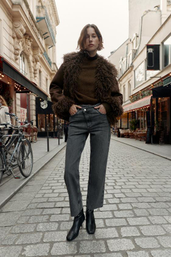 ZARA ДЖИНСЫ Z.09 STRAIGHT С ВЫСОКОЙ ПОСАДКОЙ И ПЕРЕКРЕСТНЫМ ПОЯСОМ, ТЕМНО-СЕРЫЙ