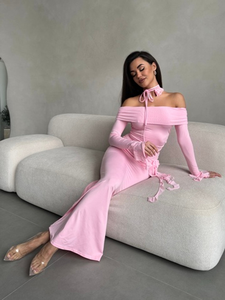 Женский костюм топ с юбкой воланы с розой розовый