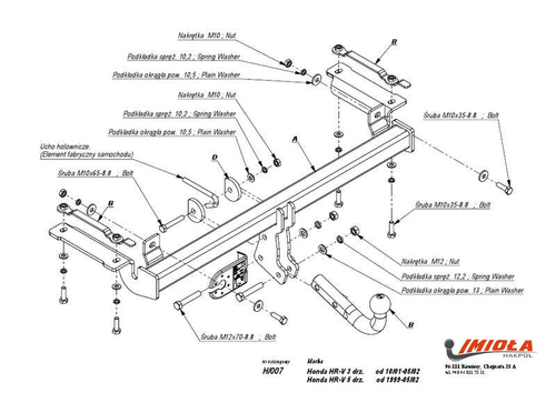 Фаркоп IMIOLA H.007 Honda HR-V 3/5 дверей 1999-2005(паспорт и сертификат в комплекте)(без электрики)