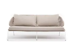 "Милан" диван 3-местный плетеный из роупа, каркас алюминий белый муар, роуп бежевый круглый, ткань бежевая 052