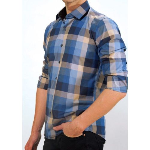 Мужская рубашка синяя в клетку приталенная MAZZARO SLIM FIT M2211-1