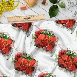 Ткань габардин красные букеты на белом фоне