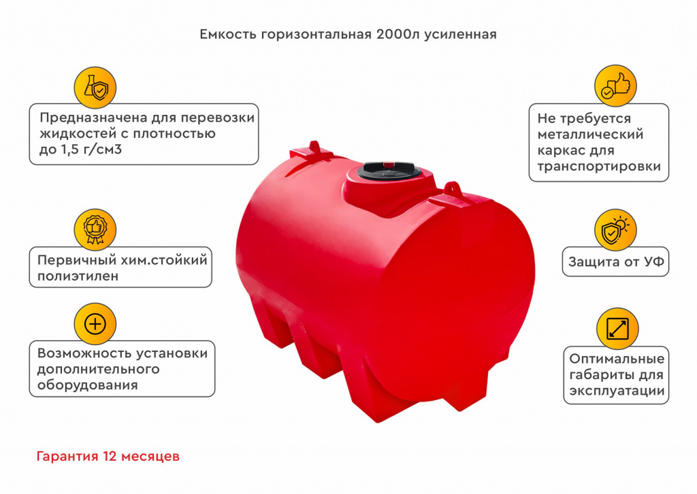 Ёмкость горизонтальная 2000л усиленная для перевозки Политим 2000 л. горизонтальный (1880x1225x1270см;красный) - арт.560716