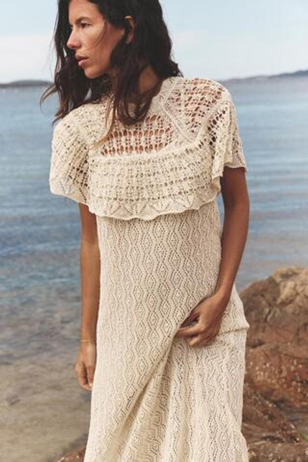 ZARA ДЛИННОЕ ПЛАТЬЕ ИЗ АЖУРНОГО ТРИКОТАЖА, ЭКРЮ