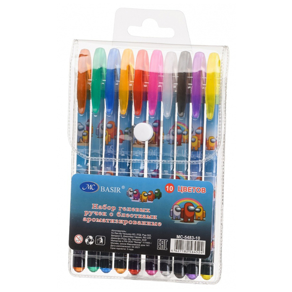 Ручка гелевая, Basir, цветные чернила, серия "Астронавты", ароматизированная с блёстками, 10 шт