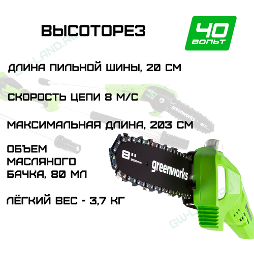 Высоторез/Сучкорез аккумуляторный Greenworks Арт. 1401107, 40V, 20 см