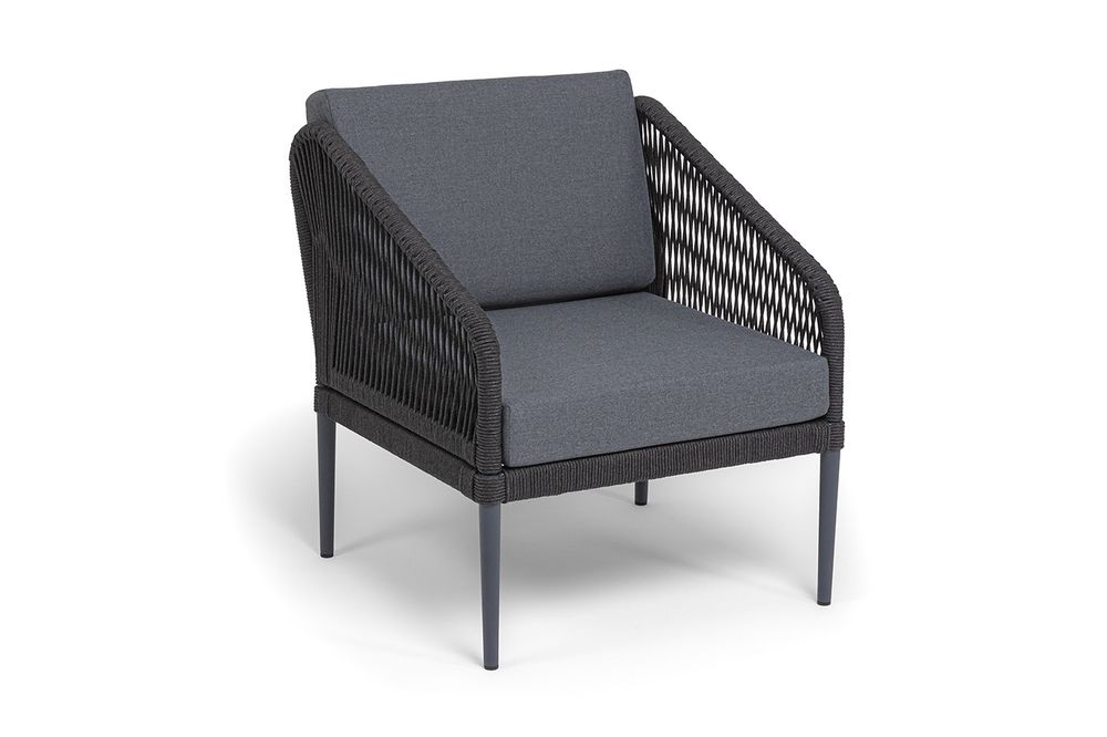 "Канны" лаунж-зона 4-местная (разборная) из роупа со столиком "Диего" цвета "серый гранит", роуп темно-серый круглый, ткань темно-серая