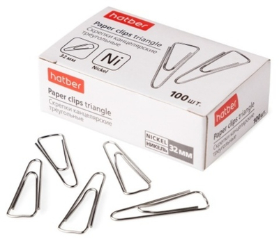 Скрепки треугольные Hatber, 32 мм, с отогнутыми носиком, никелированное покрыт., 100 шт
