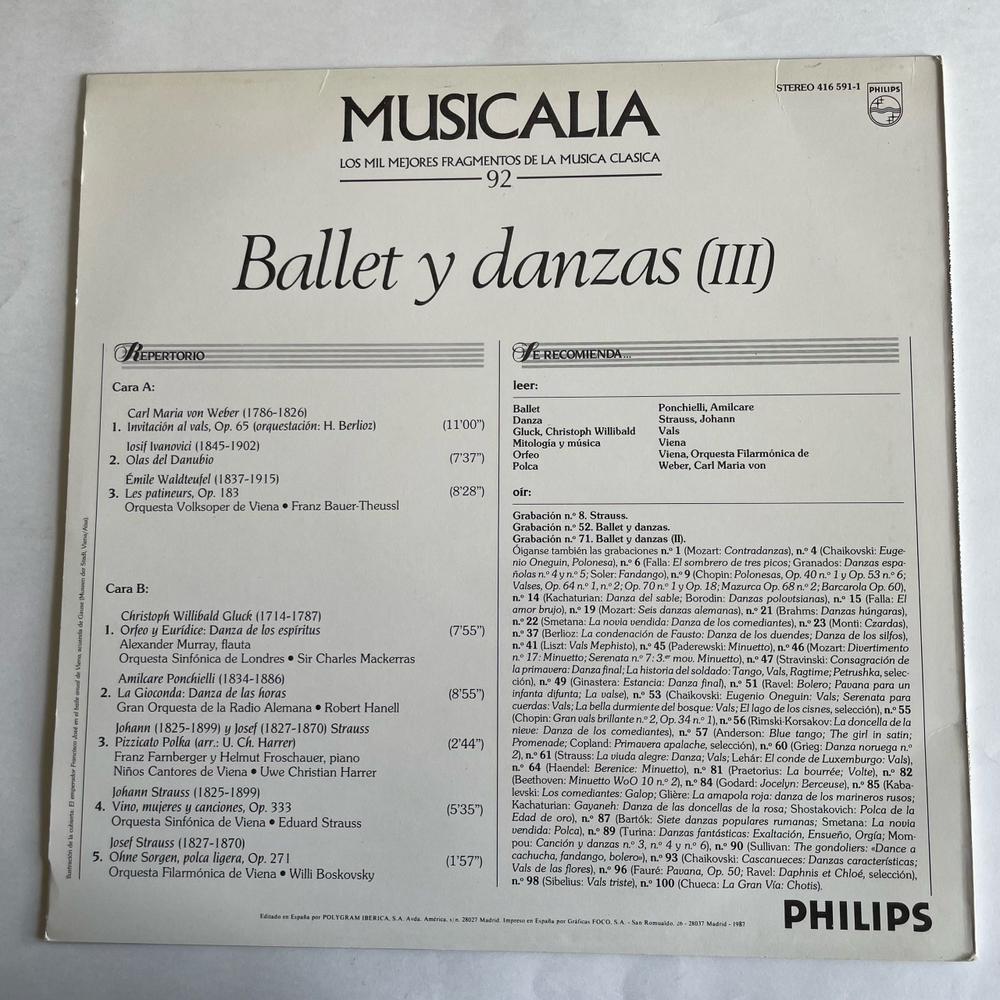 Винтажная виниловая пластинка LP Сборник Классических Балетов Musicalia 92. Ballet Y Danzas (III) (Испания 1987)