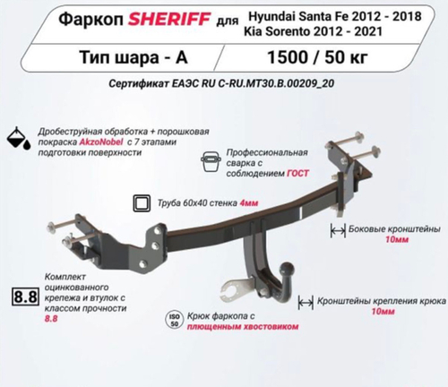 Фаркоп Kia Sorento 2012-2015, Hyundai Santa Fe 2012-2015, 2015-2018, Hyundai Grand Santa Fe 2014-2018 съемное крепление шара на двух болтах, Sheriff.2574.12