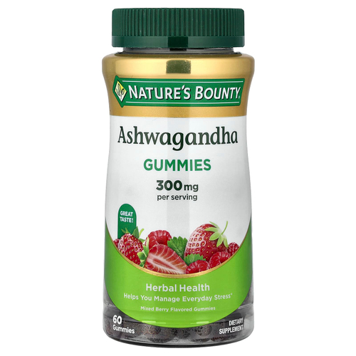 Nature's Bounty, жевательная добавка с ашвагандой, ягодный вкус, 60 жевательных таблеток (150 мг в 1 таблетке)
