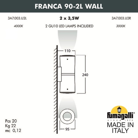 Светильник уличный настенный FUMAGALLI FRANCA 90-2L WALL 3A7.003.000.WXU2L