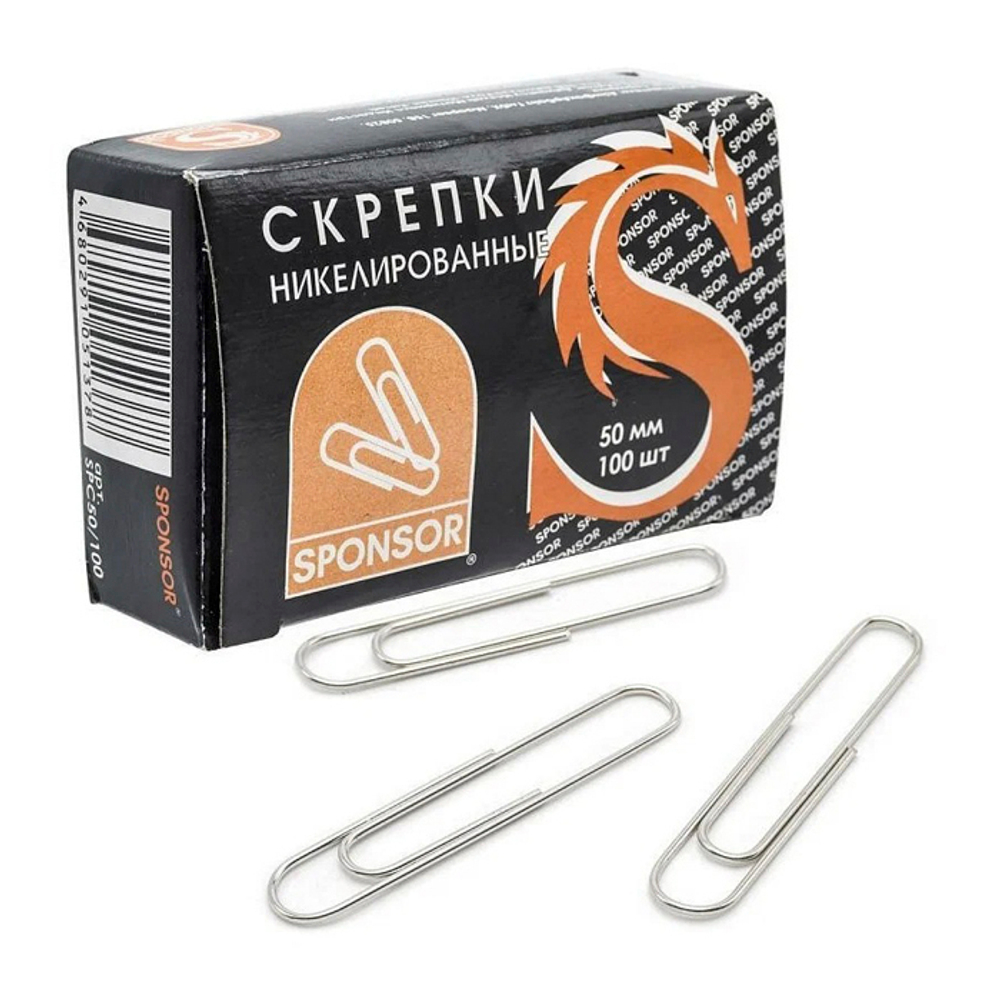 Скрепки канцелярские Sponsor, 50 мм, никелированные, 100 шт