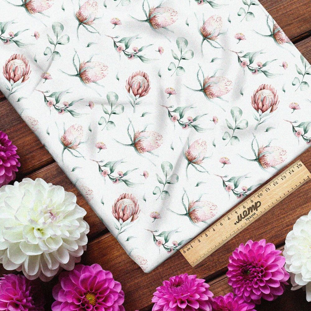 Ткань саржа клевер с листьями акварельный