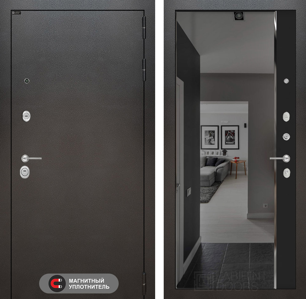 Дверь Входная Лабиринт SILVER С зеркалом Панорама с тонировкой Черный кварц