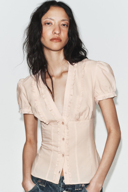 ZARA РУБАШКА ИЗ ПОПЛИНА С ВОЛАНАМИ, ПАСТЕЛЬНО-РОЗОВЫЙ