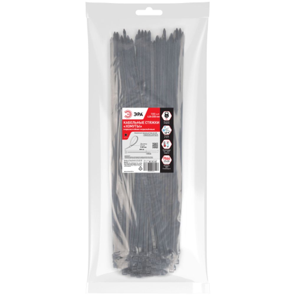 Кабельная стяжка ЭРА NO-224-603 (хомут) нейлоновая морозостойкая 4.8 х 300 мм чёрная 100 шт | Кабельные стяжки (хомуты)