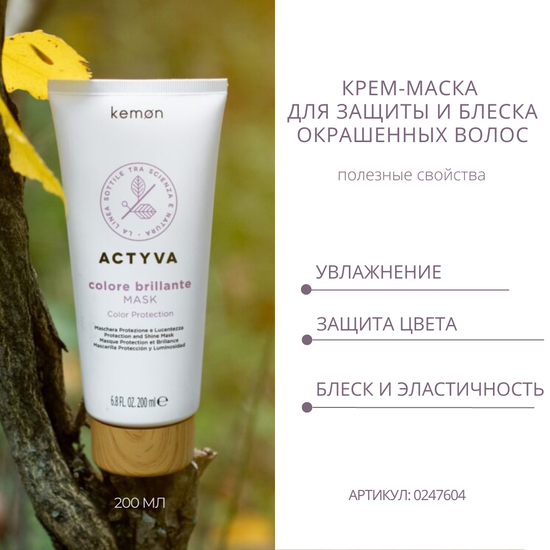Kemon Подарочный набор "Защита цвета и блеск": Шампунь (250 мл)+Маска (200 мл) Actyva Colore Brillante Velian