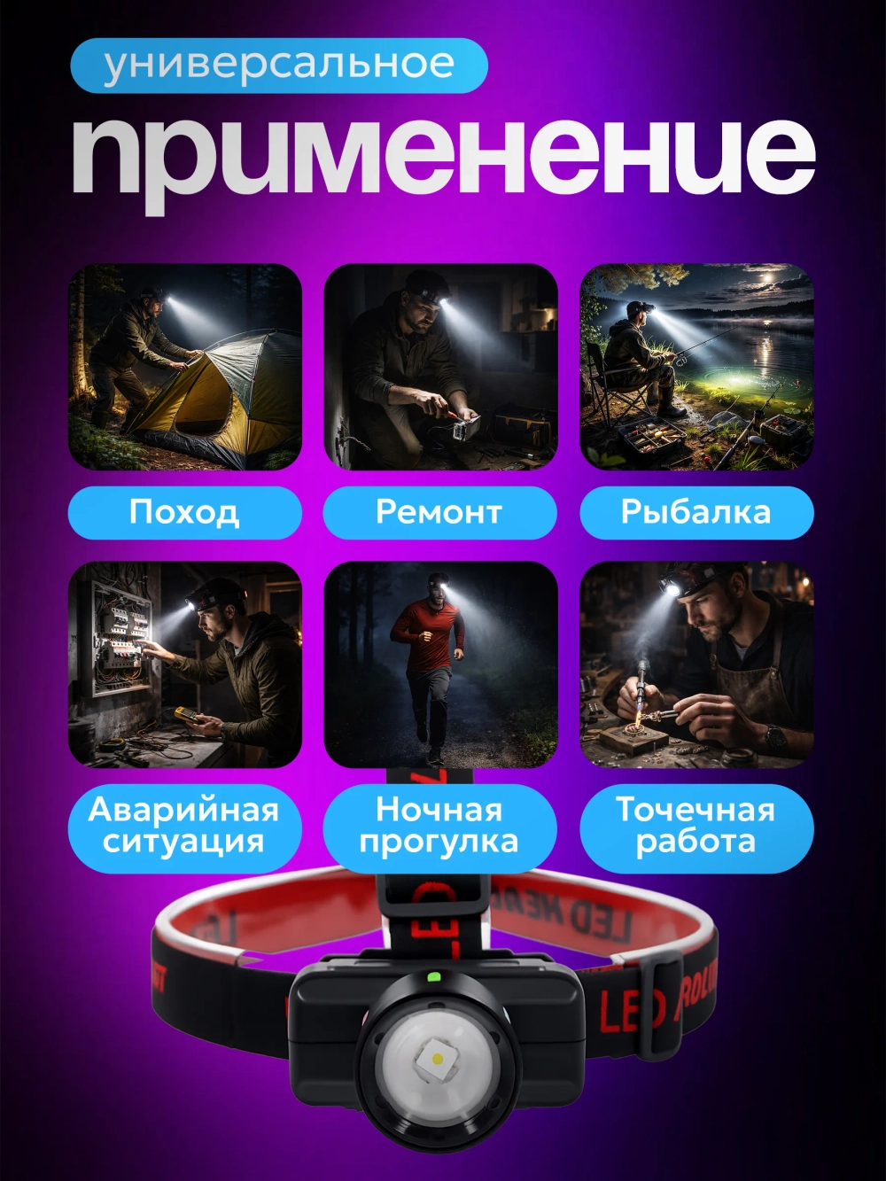 Фонарь налобный аккумуляторный, светодиодный, профессиональный, управление жестами