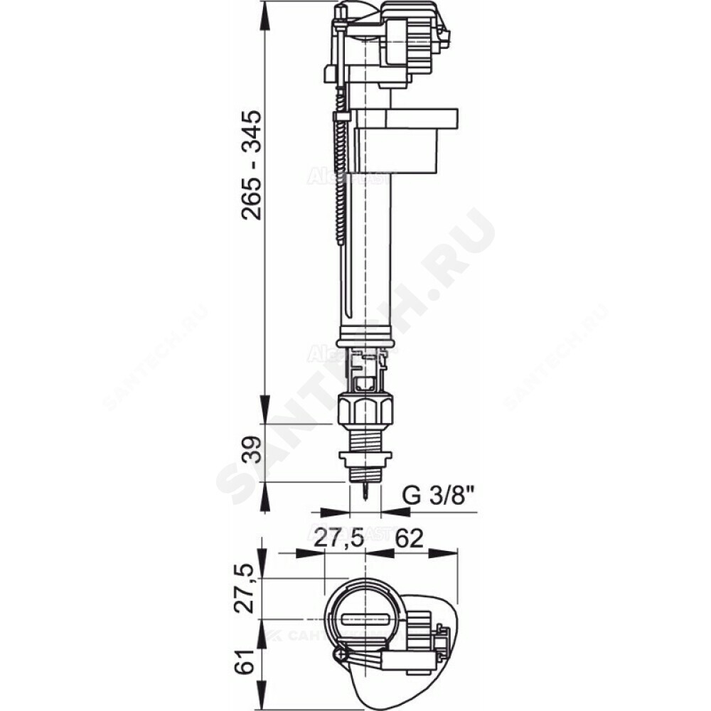 Арматура для бачка наливная 3/8" нижнее подключение Alca Plast A18-3/8"