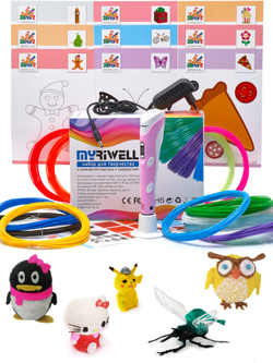 3D ручка Myriwell RP100B (цвет: розовый), набор пластика PLA 120 метров (10 цветов по 10 метров + 2 мотка светящегося пластика) и набор трафаретов для 3Д ручек