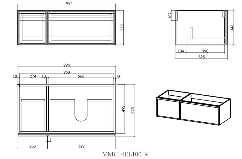 База под раковину Elise 1000 подвесная, правая, 2 выкатных ящика soft close, серый матовый