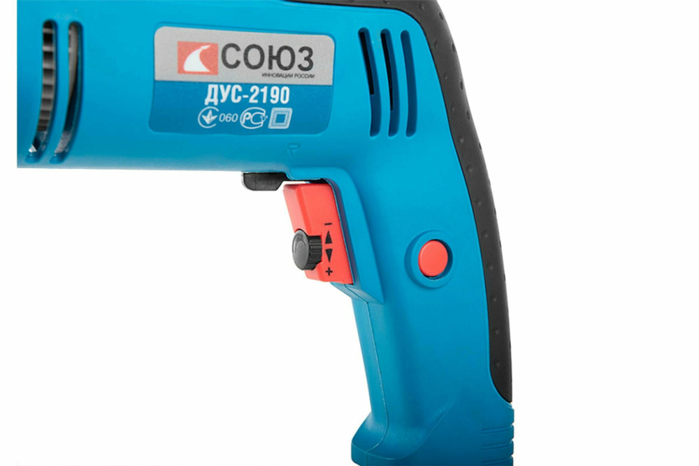 Ударная дрель СОЮЗ ДУС-2190, 900 Вт, без аккумулятора синий