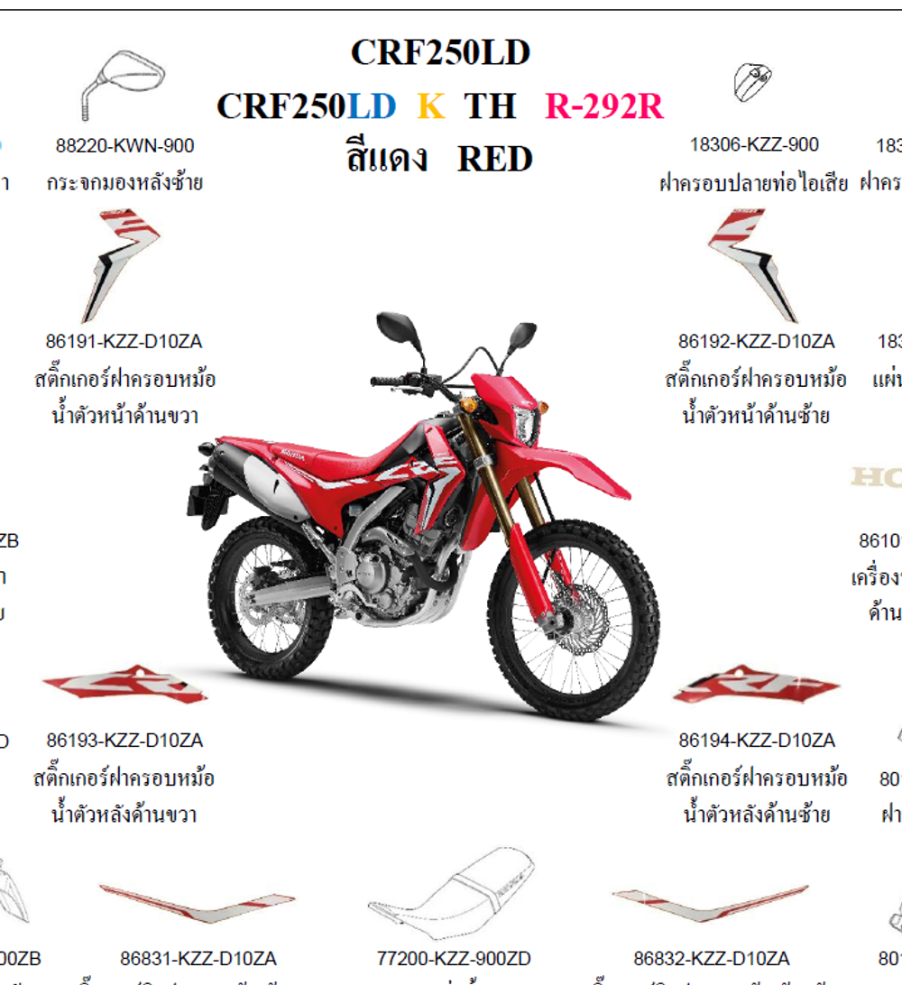 19030-KZZ-900ZB. SHROUD R. FR. Honda CRF250L-M. R292 Red
