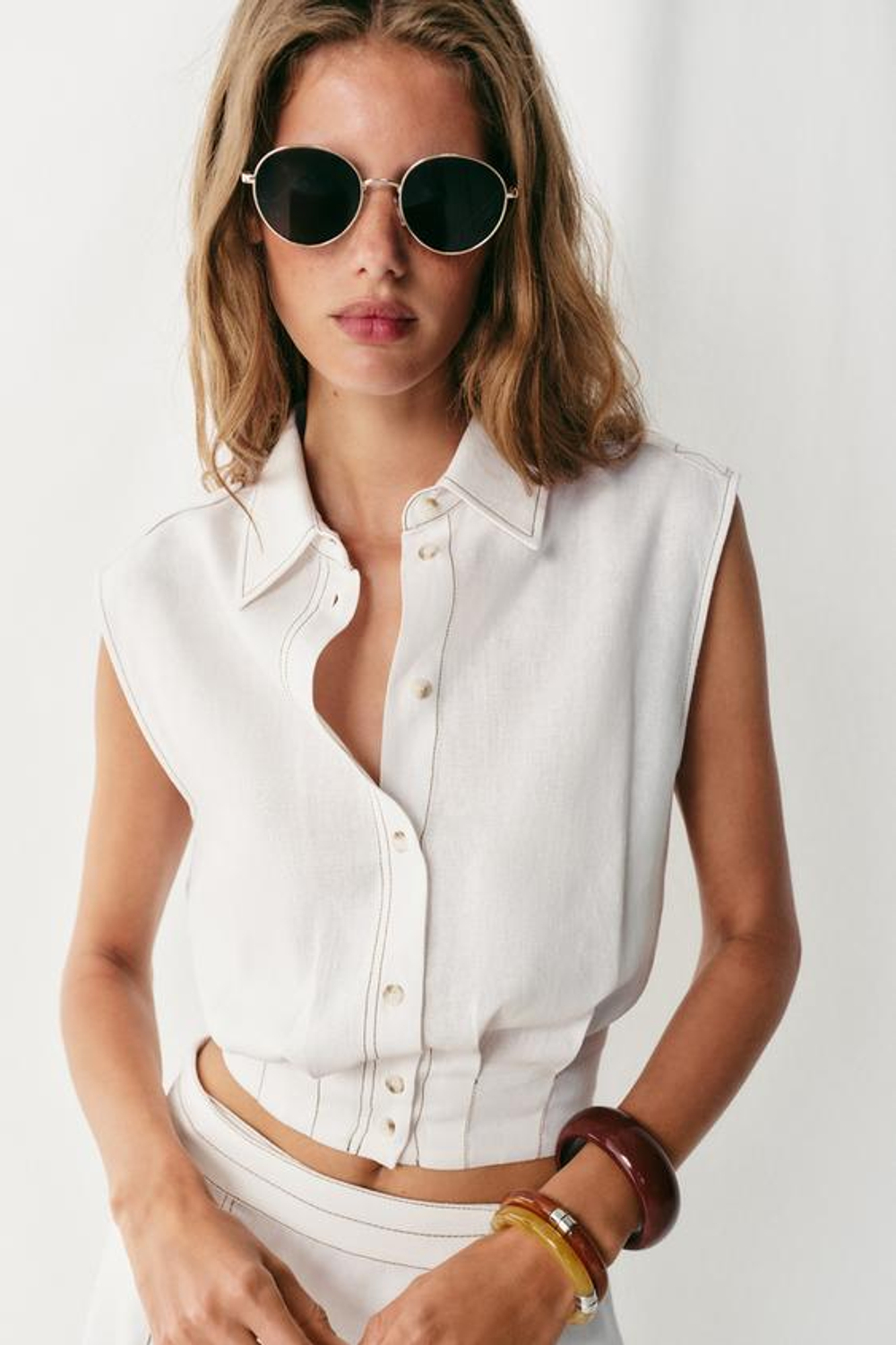 ZARA ТОП ИЗ СМЕСОВОГО ЛЬНА СО СТРОЧКОЙ, БЕЛЫЙ