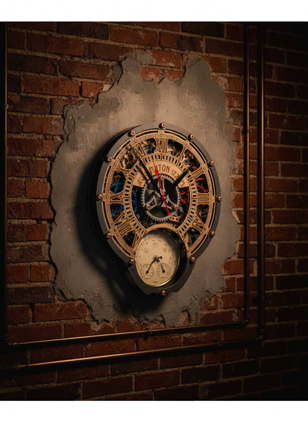 Часы-метеостанция WOODandROOT Automaton 1722 на кирпичной стене — корпус из дерева и МДФ, барометр внизу, атмосфера стимпанк
