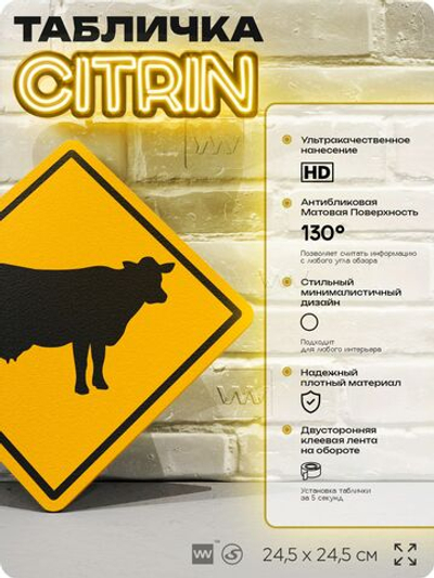 Табличка прикольная "Осторожно, корова" на дверь и стену, информационная и предупреждающая, декоративный знак, 24,5х24,5 см, пластиковая, Айдентика Технолоджи