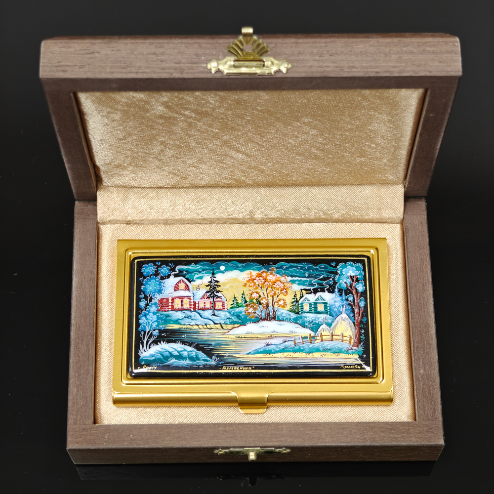 Коллекционная визитница "Зимняя деревенька" №3 с ручной росписью Палех в футляре