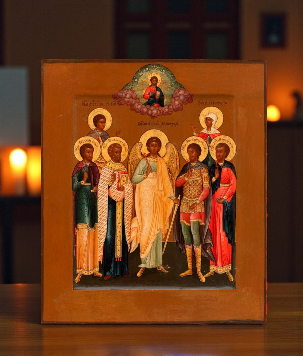Икона Ангела Хранителя в окружении Святых Мучеников: Ореста, Наталии, Евгения, Авксентия, Евстратия и Мардария