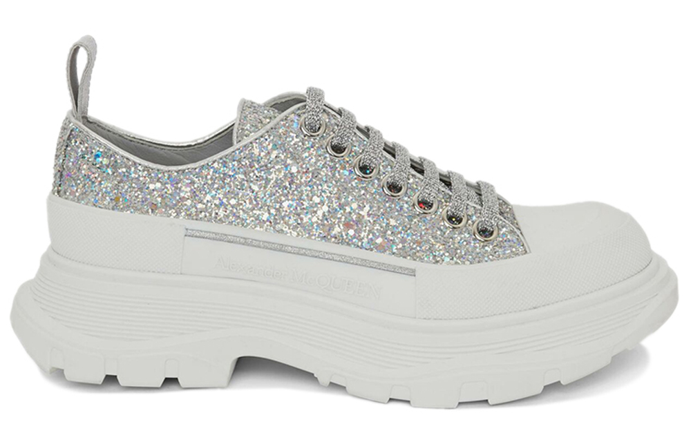 Alexander McQueen Tread Slick Glitter Low Sneaker "Silver" Women"s
