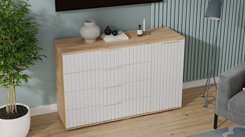 Комод для одежды с ящиками и полками Дуб Крафт золотой/Белый матовый 4 ящика 129х41х84 см