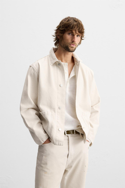 ZARA КУРТКА-РУБАШКА ИЗ ДЖИНСОВОЙ ТКАНИ С ЭФФЕКТОМ ПОТЕРТОСТИ, ЖЕЛТОВАТО-БЕЛЫЙ