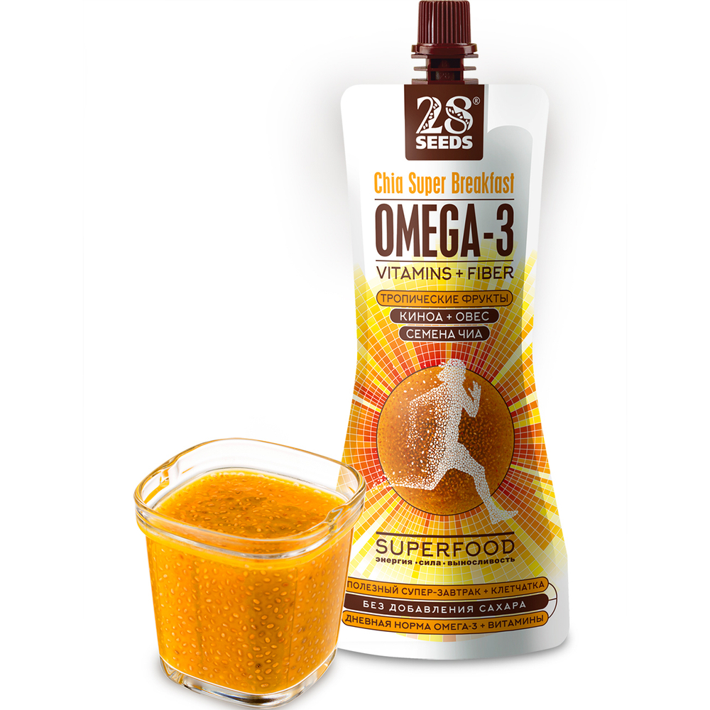 Супер-завтрак 28SEEDS Чиа ОМЕГА-3 Тропические фрукты, Полезные продукты питания без сахара, Омега 6, клетчатка, протеин, пюре фруктовое, смузи