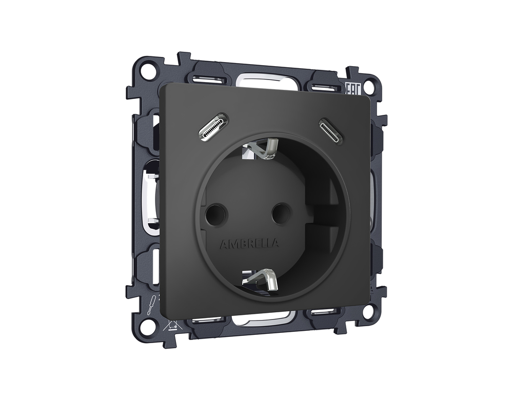 MA910510 Комплект механизма электрической розетки 2USB С+C 20W с/з на винтовых зажимах 16A-250V ALFA Графит мягкое касание QUANT (AP9105, VM165)