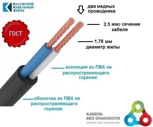 Провод ПВС 2х2.5 ГОСТ ЧЕРНЫЙ 10 метров Калужский кабельный завод