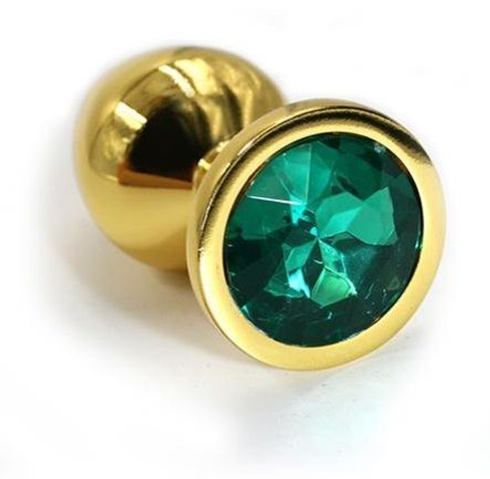 Золотистая алюминиевая анальная пробка с изумрудным кристаллом - 6 см. (Цвет: изумрудный)