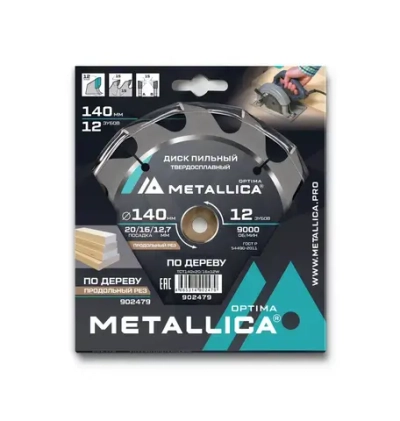 Диск пильный тв. сплав. METALLICA Optima 140x20/16/12,7 мм, 12 зубов, Т 2,4 мм по дереву продольный
