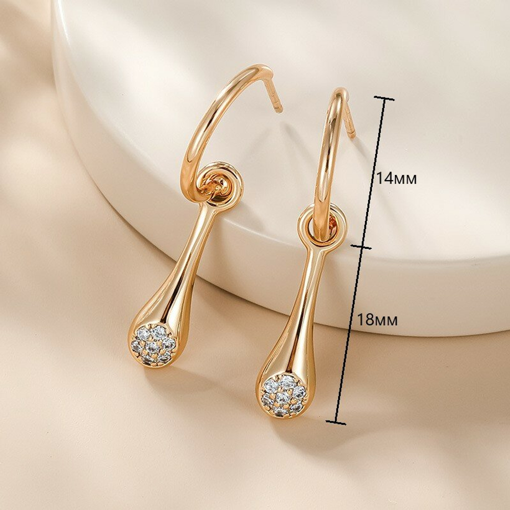 Серьги сережки женские с камешками бижутерия Капля, золото