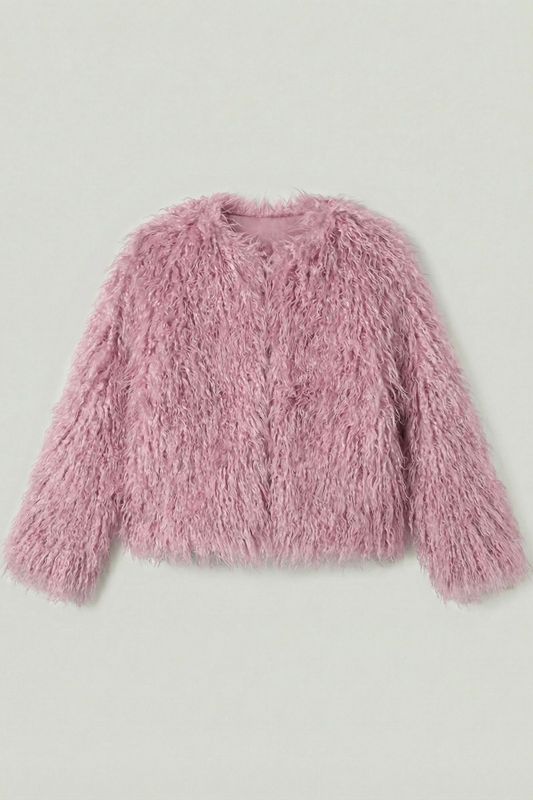 Шуба укороченная из искусственного меха ламы, розовый