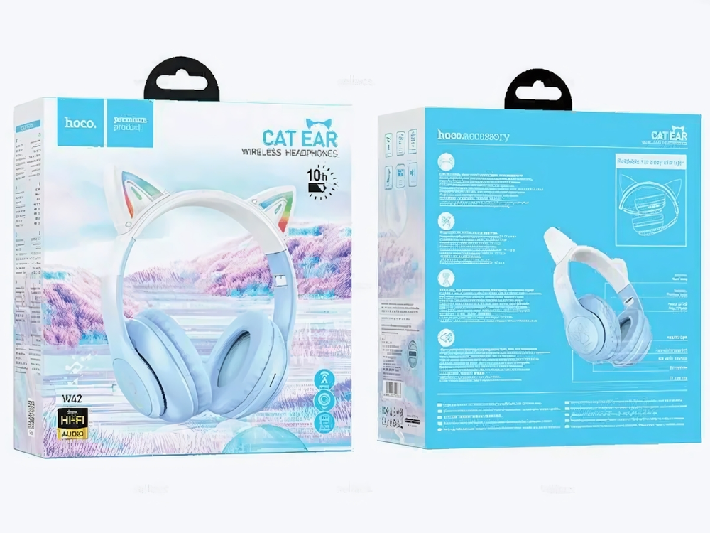 Bluetooth - гарнитура HOCO W42 Cat, накладные, BT5.3, 400mAh Crystal Blue