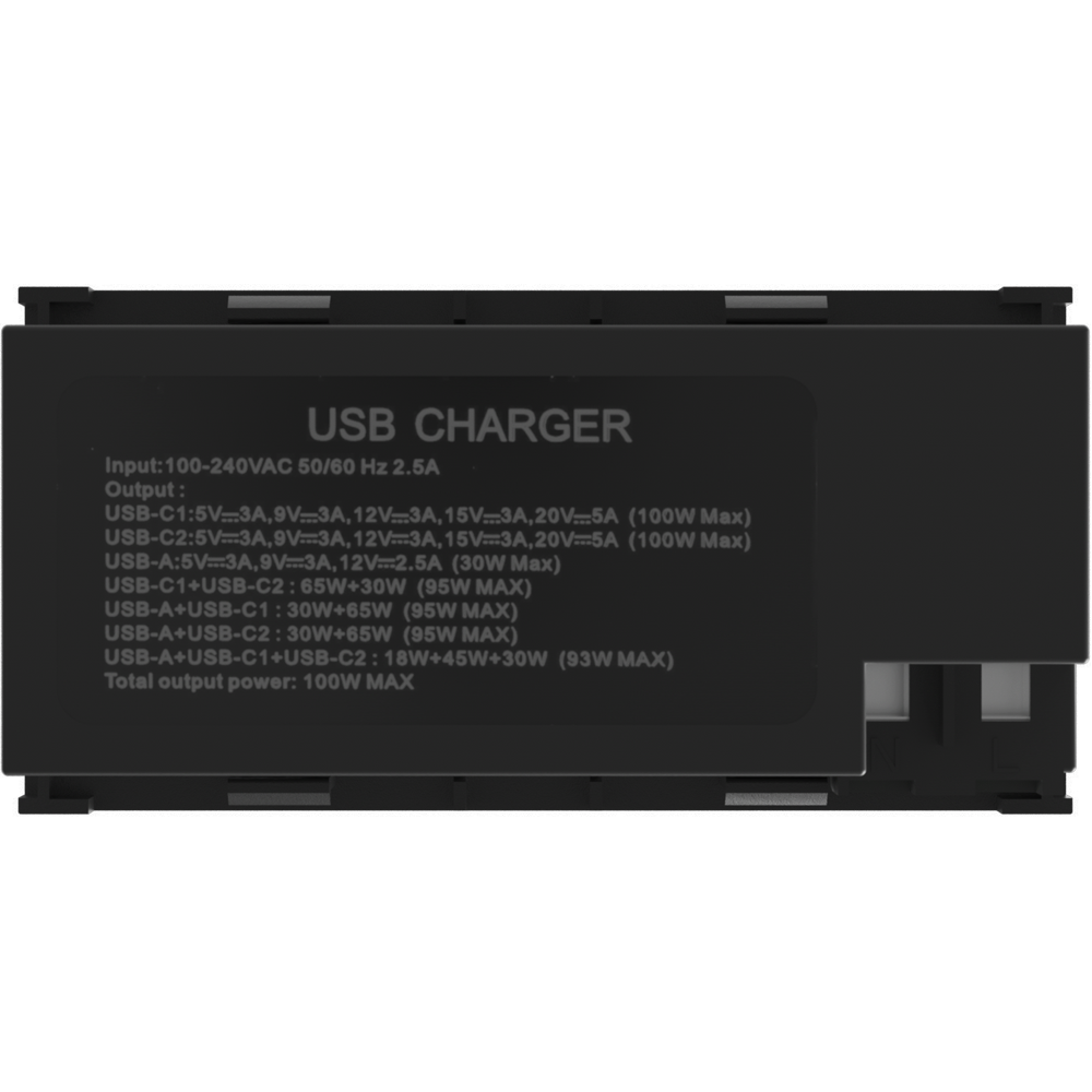 USB зарядное устройство,  100W,  Type A + C + C,  4 мод.,  черн. матовая (90х45мм)
