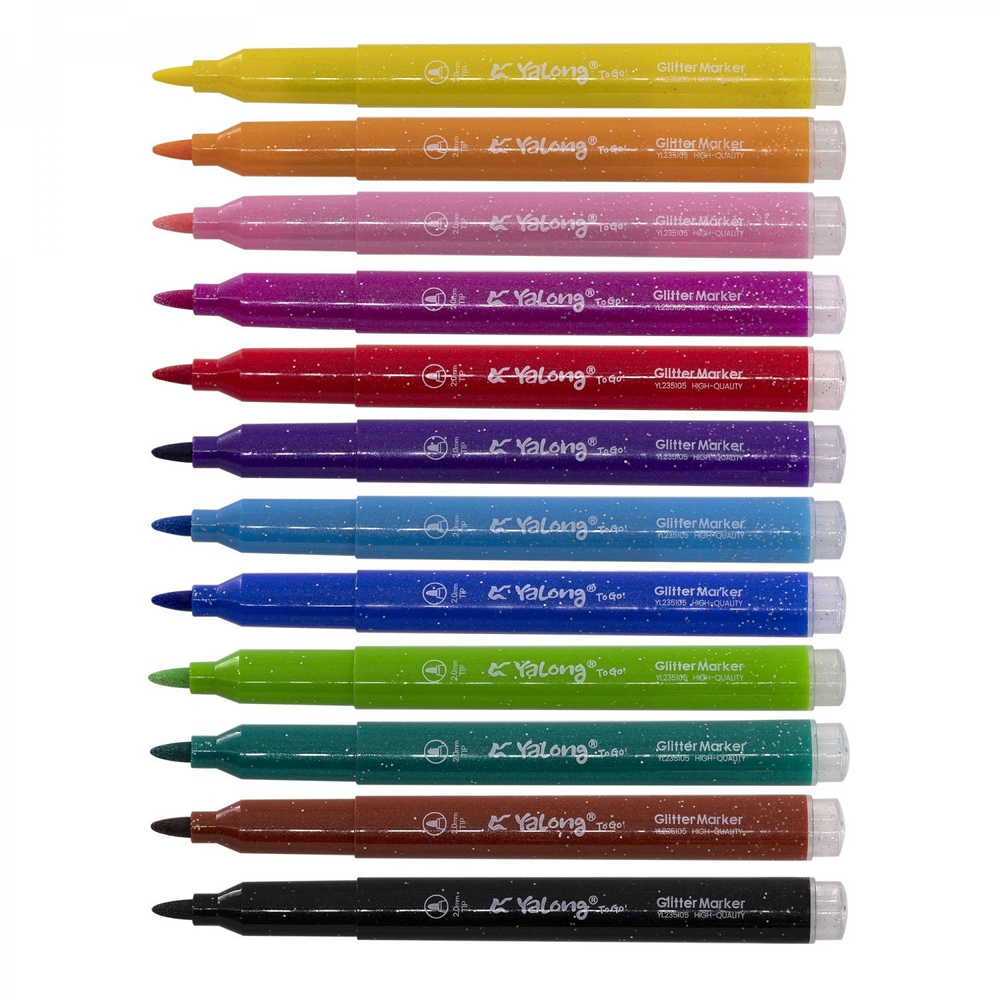Фломастеры, 12 цв, Yalong, глиттер, корпус трехгранный утолщённый, "Бабочка", вентилируемый колпачок, ПВХ упаковка, европодвес