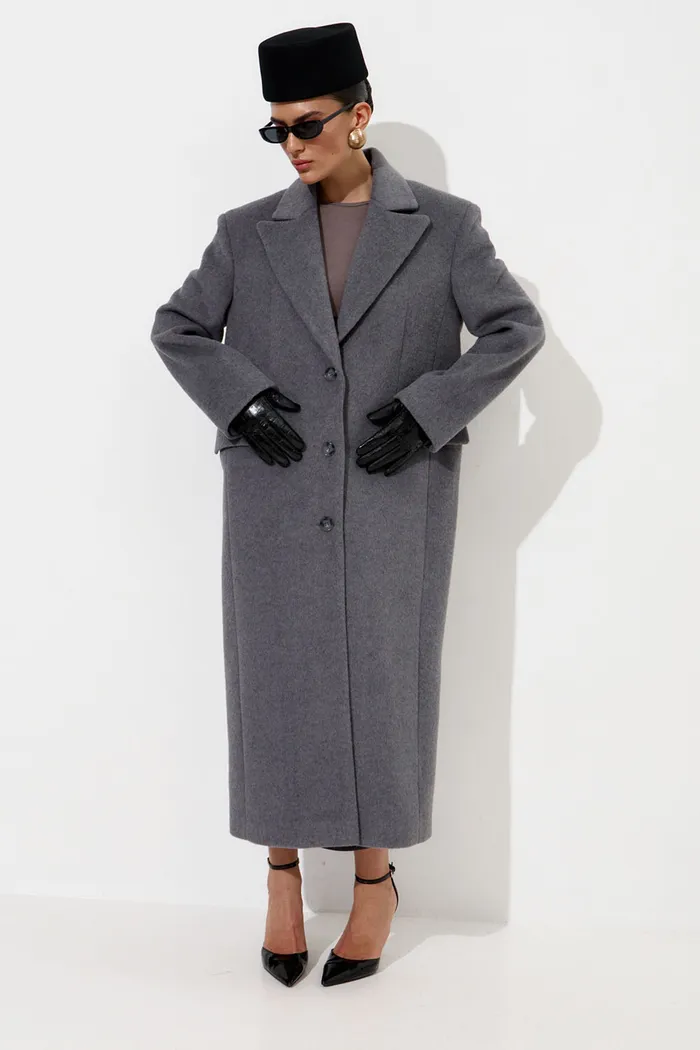 Пальто с шерстью прямого кроя серого цвета