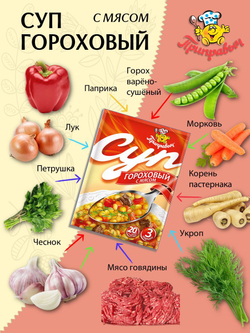 Суп быстрого приготовления гороховый Приправыч с мясом, 60 грамм, 1 шт, 3 порций