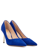 Женские замшевые синие туфли на каблуке со стразами