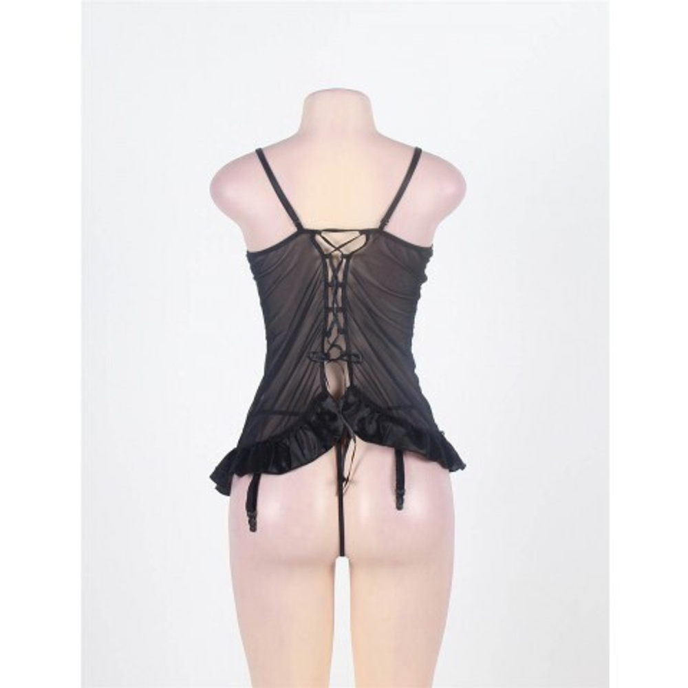 Прозрачный бэби-долл с вышивкой и оборками черный (размер M-L)